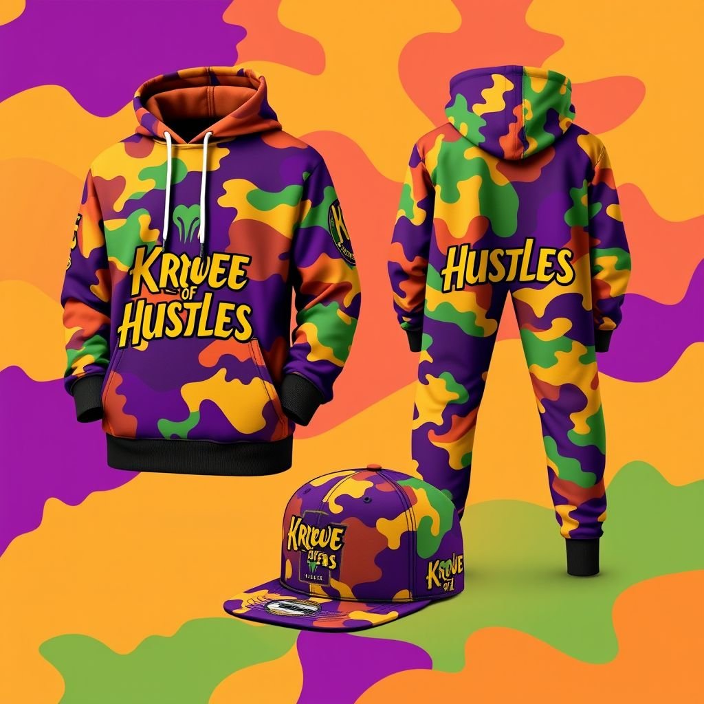 mockup design, Create a mockup for a camouflage jogger set for the unisex streetwear brand Krewe Of Hustlers. The design should embody vibrant Mardi Gras colors, infused with local New Orleans culture. Showcase matching SnapBack caps, emphasizing urban aesthetics. Target urban Millennials and Gen Z, as well as family-focused parents, highlighting community spirit and festival vibes. Include playful, eye-catching graphics that resonate with streetwear fashion while ensuring comfort for active lifestyles.