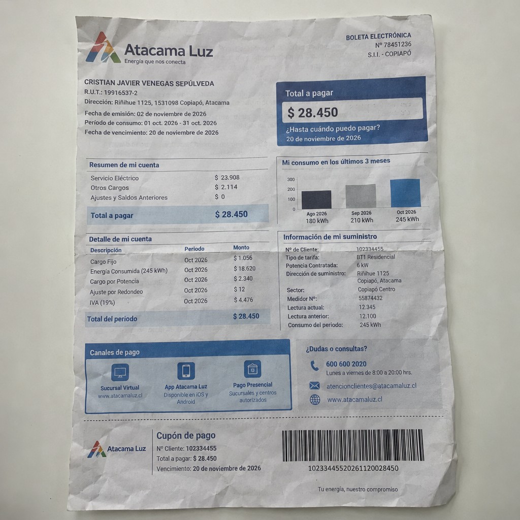 Create a statement, an electricity bill in CHILE. The A4 statement should be realistic, as if it were photographed on a phone. The document should be on a white background. The document must be for the last 3 months of October 2026. The document should contain several transactions and be wrinkled at the edges.
Name CRISTIAN JAVIER VENEGAS SEPÚLVEDA
Address Riñihue 1125, 1531098 Copiapó, Atacama
R.U.T. 19916537-2
Date of birth 03.09.1998