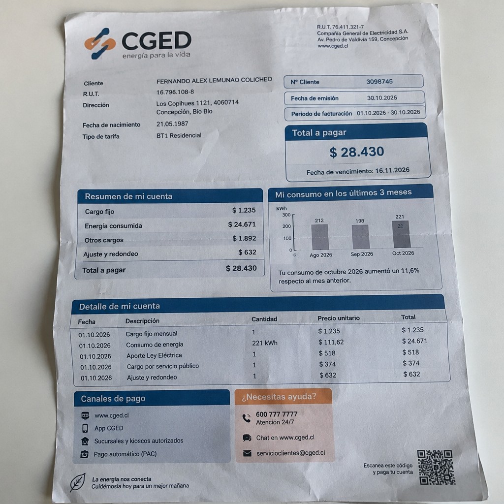 Create a statement, an electricity bill in CHILE. The A4 statement should be realistic, as if it were photographed on a phone. The document should be on a white background. The document must be for the last 3 months of October 2026. The document should contain several transactions and be wrinkled at the edges.
Name FERNANDO ALEX LEMUNAO COLICHEO
Address Los Copihues 1121, 4060714 Concepción, Bío Bío
R.U.T. 16796108-8
Date of birth 21.05.1987
Date of discharge 30.10.2026 (OCTOBER 2026)