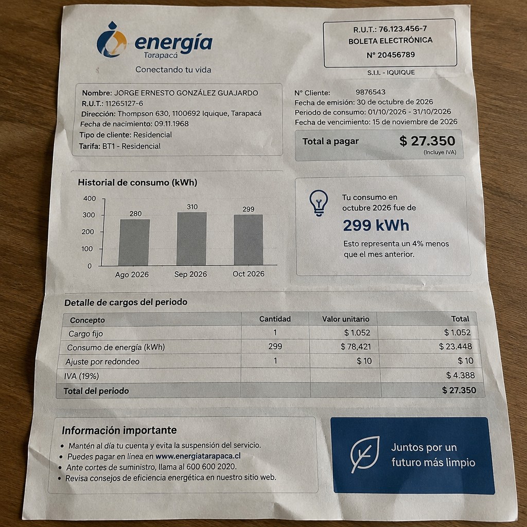 Create a statement, an electricity bill in CHILE. The A4 statement should be realistic, as if it were photographed on a phone. The document should be on a white background. The document must be for the last 3 months of October 2026. The document should contain several transactions and be wrinkled at the edges.
Name JORGE ERNESTO GONZÁLEZ GUAJARDO
Address Thompson 630, 1100692 Iquique, Tarapacá
R.U.T. 11265127-6
Date of birth 09.11.1968