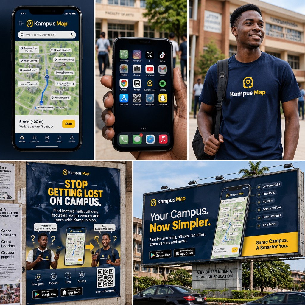 KAMPUS MAP — HYPER-REALISTIC BRAND MOCKUP PROMPTS
IMPORTANT BRAND INSTRUCTION FOR ALL PROMPTS:
Upload the official Kampus Map logo as a reference image. Preserve the uploaded Kampus Map logo exactly. Do not redesign, reinterpret, alter, distort, recolor, or replace the logo. Maintain consistent dark navy blue and bright yellow Kampus Map branding across all assets. The brand should look like a professional Nigerian/African technology startup.
---
1. STANDALONE KAMPUS MAP APP
Hyper-realistic premium product render of the Kampus Map mobile application, displayed on a modern smartphone standing vertically against a clean dark navy studio background. The phone screen shows a polished, realistic campus navigation interface with a detailed university map, clearly marked lecture halls, faculties, administrative offices, examination venues, student hostels and directional navigation routes. Kampus Map branding is prominently visible, using a sophisticated dark navy blue and bright yellow visual identity. Modern African/Nigerian technology startup aesthetic, clean intuitive UI, realistic map pins, walking navigation route, search bar reading “Where do you want to go?”, subtle Nigerian university campus details, crisp typography, realistic glass reflections, soft studio lighting, cinematic shadows, premium SaaS/product photography, ultra-detailed, photorealistic, 8K, commercial advertising quality, no distorted text, no unnecessary objects.
---
2. KAMPUS MAP AMONG OTHER APPS ON A PHONE
Hyper-realistic close-up of a modern smartphone displaying a realistic home screen filled with familiar everyday mobile applications, with the Kampus Map app prominently visible among the app icons. Kampus Map has a distinctive professional dark navy and yellow icon and is clearly recognizable as a campus navigation application. The phone is held naturally by a Nigerian university student walking through a modern Nigerian university campus. In the background are realistic lecture buildings, students walking, trees and campus pathways with shallow depth of field. Premium Nigerian technology startup branding, natural daylight, realistic skin and hands, authentic smartphone proportions, subtle reflections on glass, cinematic photography, sharp focus on the Kampus Map icon, professional advertising campaign, photorealistic, 8K, extremely detailed, no warped hands, no distorted logos, no fake-looking UI.
---
3. KAMPUS MAP T-SHIRT
Hyper-realistic fashion campaign photograph of a young Nigerian university student wearing a premium minimalist Kampus Map T-shirt on a modern university campus. The shirt is dark navy blue with a clean, professionally embroidered Kampus Map logo centered on the chest, using bright yellow and white accents. The design is modern, youthful and tech-oriented rather than overly promotional. Student is standing naturally beside a campus walkway with lecture buildings and other students softly blurred in the background. Premium streetwear photography, realistic cotton fabric texture, accurate stitching, natural wrinkles, realistic body proportions, authentic Nigerian university environment, cinematic natural lighting, shallow depth of field, professional startup branding photoshoot, ultra-realistic, 8K, commercial fashion photography.
---
4. KAMPUS MAP POSTER
Hyper-realistic professional advertising poster for Kampus Map displayed on a university notice board and campus wall. The poster has a sophisticated dark navy and bright yellow brand identity and features a realistic smartphone displaying the Kampus Map navigation interface. Main visual concept: a confused university student trying to locate a building transformed into a confident student following a clear digital navigation route. Headline: “STOP GETTING LOST ON CAMPUS.” Supporting text: “Find lecture halls, offices, faculties, exam venues and more with Kampus Map.” Strong visual hierarchy, modern African technology startup aesthetic, clean typography, realistic Nigerian university environment, premium graphic design, subtle map elements in the background, QR-code placeholder, realistic paper texture, natural lighting, photorealistic commercial campaign, ultra-detailed, 8K.
---
5. LARGE CAMPUS BILLBOARD
Hyper-realistic wide-angle photograph of a huge Kampus Map billboard installed beside