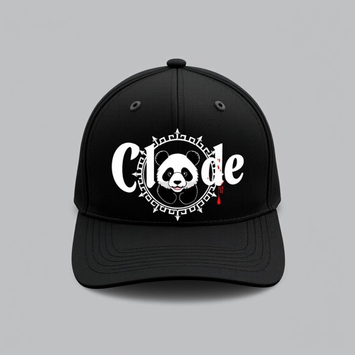 mockup design, Design a mockup for a black baseball hat featuring the brand name "Clade" in bold, stylized typography. Centered on the front, an intricate circle surrounds a cute panda illustration, playfully juxtaposed with subtle splashes of red to represent blood, adding an edgy contrast. Include embroidered details on the neck for uniqueness.