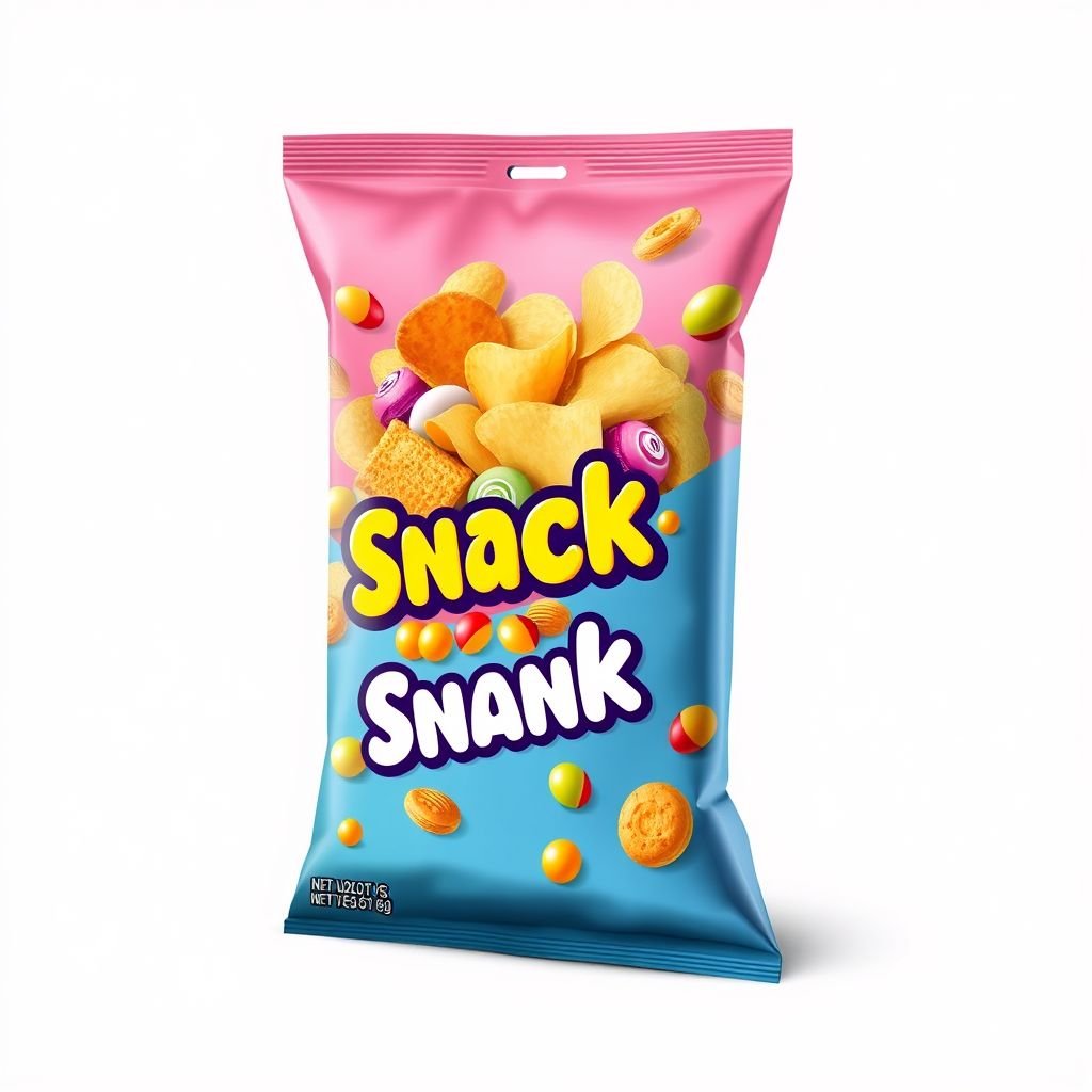 mockup design, Create a vibrant mockup design of a snack bag featuring an eye-catching illustration of assorted snacks inside, such as crunchy chips and colorful candies. The bag should have a sleek, modern shape with a resealable top, bold branding, and playful, mouth-watering colors that entice consumers and evoke a sense of fun.