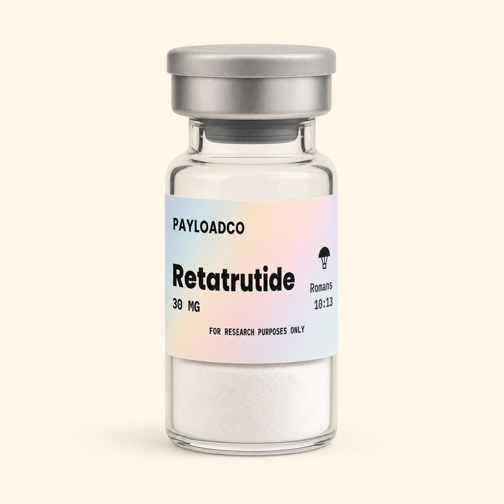 Photorealistic studio product photo of a small 3mL glass pharmaceutical vial with a clear glass body. The neck has a plain gray aluminum crimp cap with a matching gray flip-off top — uniform gray/silver, no colored accent. A rubber stopper sits fully seated and hidden beneath the crimp cap — no rubber visible sticking out above or around the metal. Inside the vial, a solid white freeze-dried lyophilized cake sits at the bottom — a dry, compact, slightly porous solid plug of powder, not loose scattered granules, filling roughly the bottom quarter of the vial. The label wraps the vial and extends down close to the base, leaving only a small strip of bare glass visible at the neck/shoulder above the label — similar to standard commercial peptide vial labeling. Use my uploaded label image exactly as provided, pixel-for-pixel — do not regenerate, redesign, or reword any part of it. Vial centered, shot straight-on, soft even studio lighting, subtle soft shadow beneath, plain flat warm off-white background (hex FBF8F1), no border, no frame, no card, no rounded corner mat, no vignette — the vial floats on a plain background with no outline around the photo. Minimal reflections, sharp focus on the label. No other objects, no hands, no props.