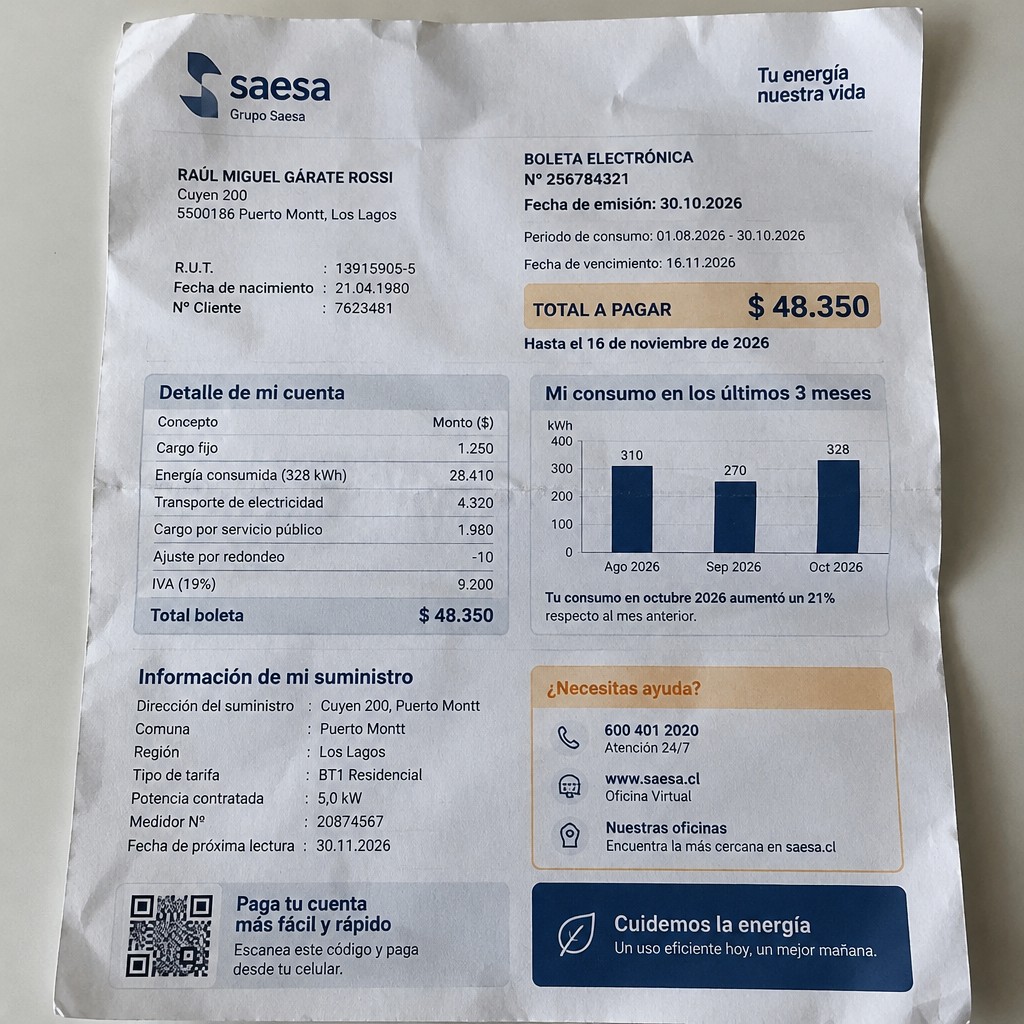 Create a statement, an electricity bill in CHILE. The A4 statement should be realistic, as if it were photographed on a phone. The document should be on a white background. The document must be for the last 3 months of October 2026. The document should contain several transactions and be wrinkled at the edges.
Name RAÚL MIGUEL GÁRATE ROSSI
Address Cuyen 200, 5500186 Puerto Montt, Los Lagos
R.U.T. 13915905-5
Date of birth 21.04.1980
Date of discharge 30.10.2026 (OCTOBER 2026)