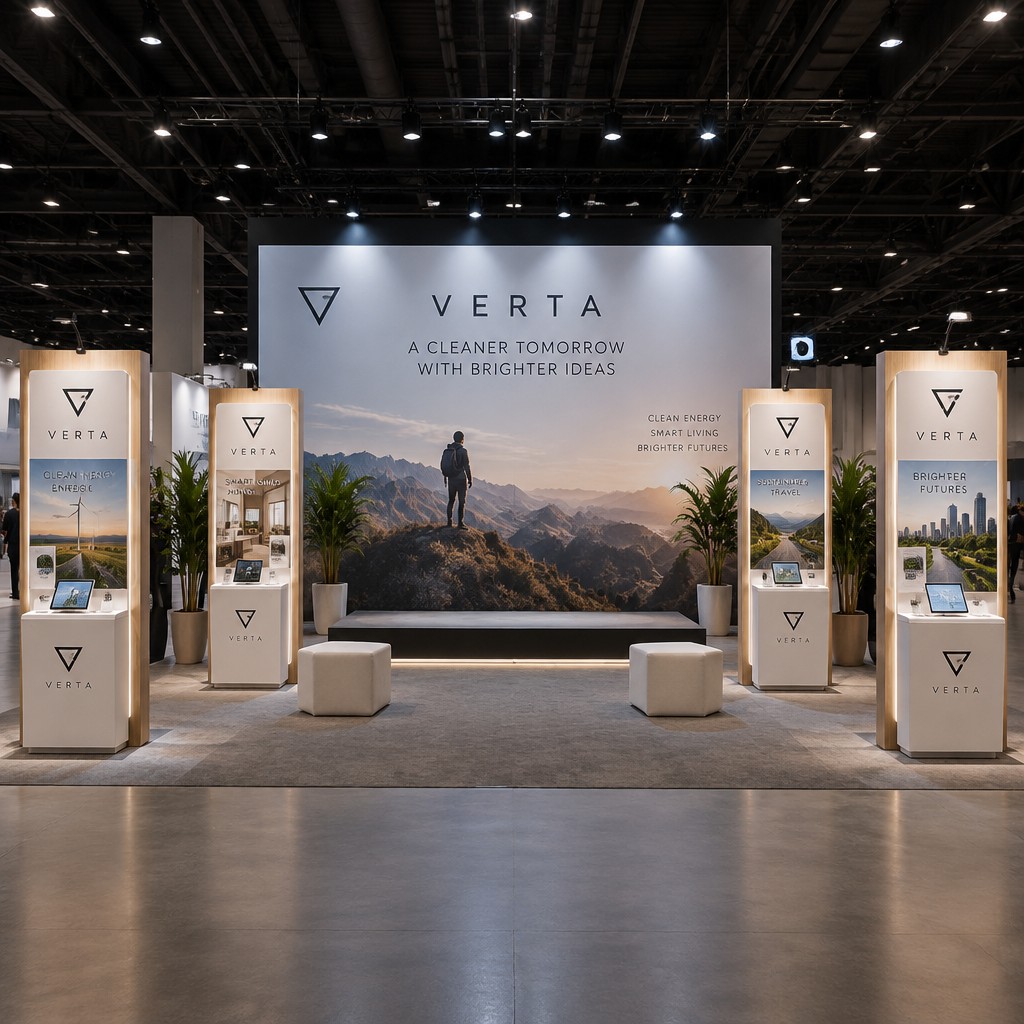 create a booth layout with a central stage backdrop of 6000mm width and 3800mm height, and four smaller activation stations around it of 1199mm width and 2400mm height. keep the layout clean, symmetrical and suitable for event traffic