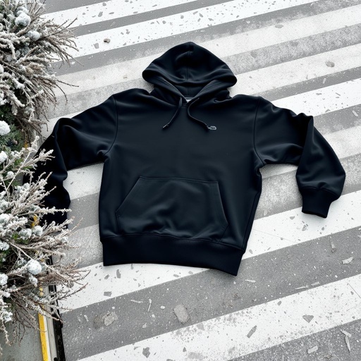 A black cotton hoodie sprawled across a zebra crossing, its relaxed fit prominent against the white stripes. XXL size emphasizes ample spaciousness. The fabric's texture exhibits softness, with the logo design subtly visible. Nearby, winter foliage dusted with frost enhances the scene, creating a striking contrast between urban and seasonal elements.