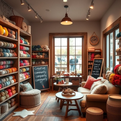 mockup design, Create a cozy yarn store interior featuring colorful yarns neatly displayed on rustic wooden shelves. A warm, inviting ambiance with soft lighting, plush seating areas for crafters, and a crafting corner with tools and patterns. Include a chalkboard sign with creative workshops, and a window showcasing the vibrant community outside.