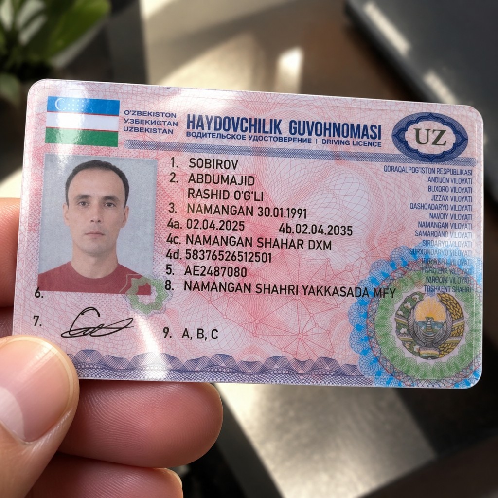 Use the uploaded card exactly as it is. Do not alter any text, numbers, photo, colors, or layout. Make it look like a real glossy plastic card photographed with a smartphone. Add realistic strong light glare and reflection on the plastic surface, natural highlights, subtle shadow and slight camera perspective.
