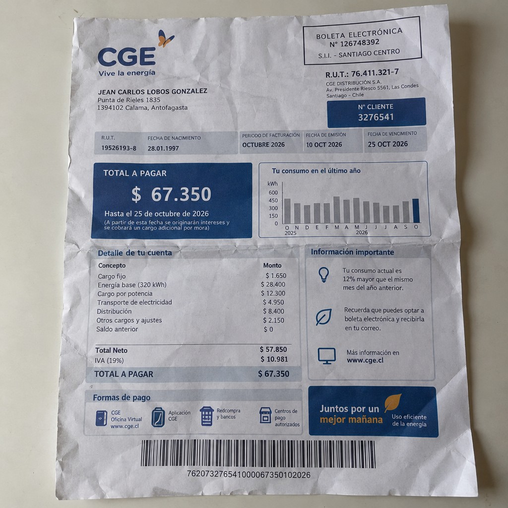 Create a statement, an electricity bill in CHILE. The A4 statement should be realistic, as if it were photographed on a phone. The document should be on a white background. The document must be for the last 3 months of October 2026. The document should contain several transactions and be wrinkled at the edges.
Name JEAN CARLOS LOBOS GONZALEZ
Address Punta de Rieles 1835, 1394102 Calama, Antofagasta
R.U.T. 19526193-8
Date of birth 28.01.1997