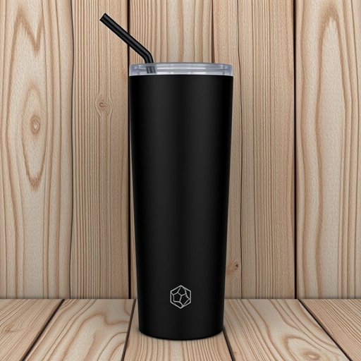 mockup design, Create a sleek, modern mockup design for a 20-ounce skinny stainless steel tumbler. The tumbler should feature a matte black finish, with a minimalist geometric pattern engraved subtly. Include a clear plastic lid with a reusable straw, set against a textured wooden background that highlights the tumbler's elegance and functionality.