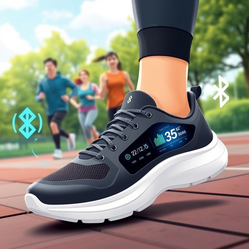 mockup design, Create a vibrant mockup design for animated smart shoes featuring sleek, modern aesthetics. Showcase 5G Bluetooth connectivity with visual indicators of data transmission. Illustrate a dynamic team workout scene outdoors, emphasizing collaboration and energy. Incorporate interactive touchscreen elements on the shoes, highlighting exercise metrics and encouraging movement in real-time.