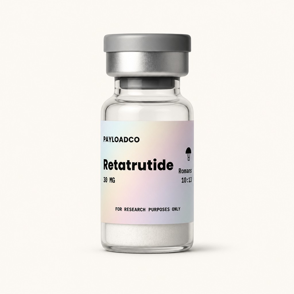 Photorealistic studio product photo of a small 3mL glass pharmaceutical vial with a clear glass body. The neck has a plain gray aluminum crimp cap with a matching gray flip-off top — uniform gray/silver, no colored accent. A rubber stopper sits fully seated and hidden beneath the crimp cap — no rubber visible sticking out above or around the metal. Inside the vial, a solid white freeze-dried lyophilized cake sits at the bottom — a dry, compact, slightly porous solid plug of powder, not loose scattered granules, filling roughly the bottom quarter of the vial. The label wraps the vial and extends down close to the base, leaving only a small strip of bare glass visible at the neck/shoulder above the label — similar to standard commercial peptide vial labeling. Use my uploaded label image exactly as provided, pixel-for-pixel — do not regenerate, redesign, or reword any part of it. Vial centered, shot straight-on, soft even studio lighting, subtle soft shadow beneath, plain flat warm off-white background (hex FBF8F1), no border, no frame, no card, no rounded corner mat, no vignette — the vial floats on a plain background with no outline around the photo. Minimal reflections, sharp focus on the label. No other objects, no hands, no props.