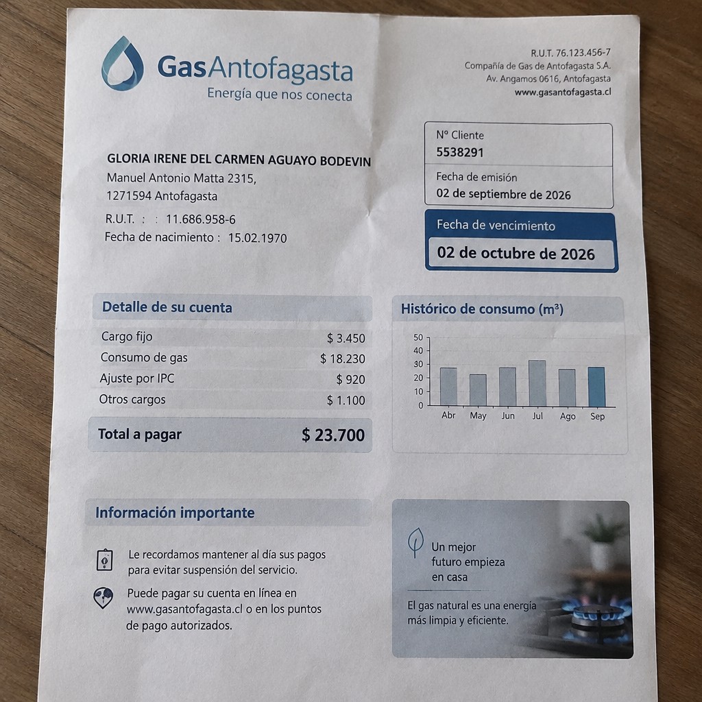 Create any statement containing the data. these can be statements such as : HOUSING AND COMMUNAL SERVICES , GAS A4 format the statement should be realistic, as if it were photographed on a phone. The statement is on the same background.
Name GLORIA IRENE DEL CARMEN AGUAYO BODEVIN
Address
Manuel Antonio Matta 2315, 1271594 Antofagasta
R.U.T. 11686958-6
Date of birth 15.02.1970
Date of discharge 02.10.2026 (OCTOBER 2026)