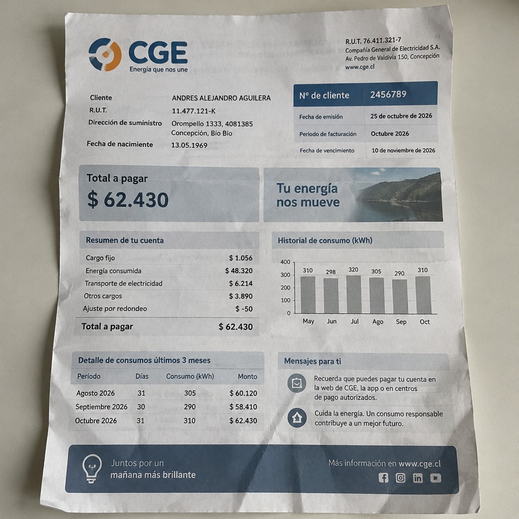 Create a statement, an electricity bill in CHILE. The A4 statement should be realistic, as if it were photographed on a phone. The document should be on a white background. The document must be for the last 3 months of October 2026. The document should contain several transactions and be wrinkled at the edges.
Name ANDRES ALEJANDRO AGUILERA
Address Orompello 1333, 4081385 Concepción, Bío Bío
R.U.T. 11477121-K
Date of birth 13.05.1969
Date of discharge 25.10.2026 (OCTOBER 2026)