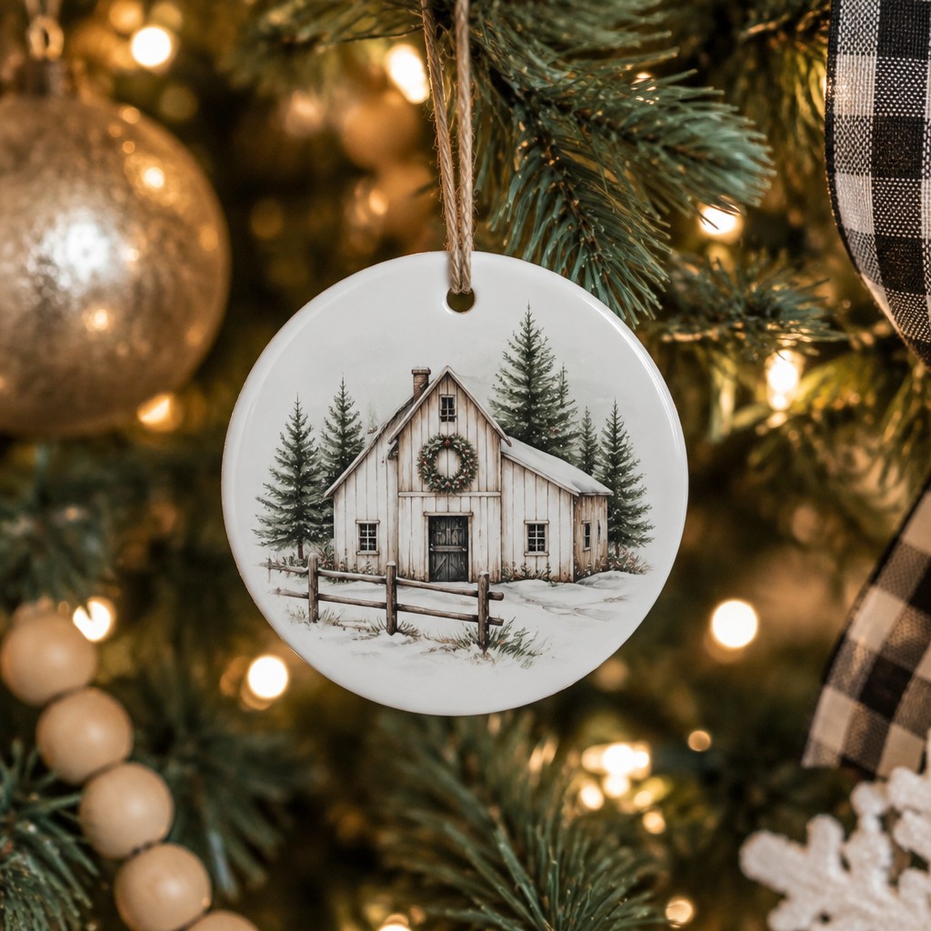 A round, flat, ceramic, white christmas ornament hanging from a pine branch on a decorated tree, warm twinkling lights softly blurred behind it, featuring a tasteful sample brand design, no watermarks, no text overlays. Farmhouse decor