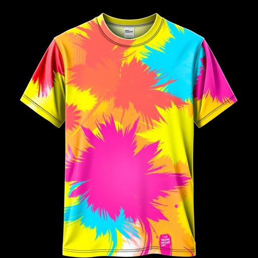 mockup design, Gestalte ein auffälliges T-Shirt-Design, das die gesamte Fläche mit großzügigen, lebhaften Klecksen in Neonfarben bedeckt. Die Farben sollten strahlend und kontrastreich sein, um ein modernes, künstlerisches Flair zu erzeugen. Das Shirt könnte in einem zeitlosen Schnitt präsentiert werden, ideal für kreative Köpfe und modebewusste Trendsetter.