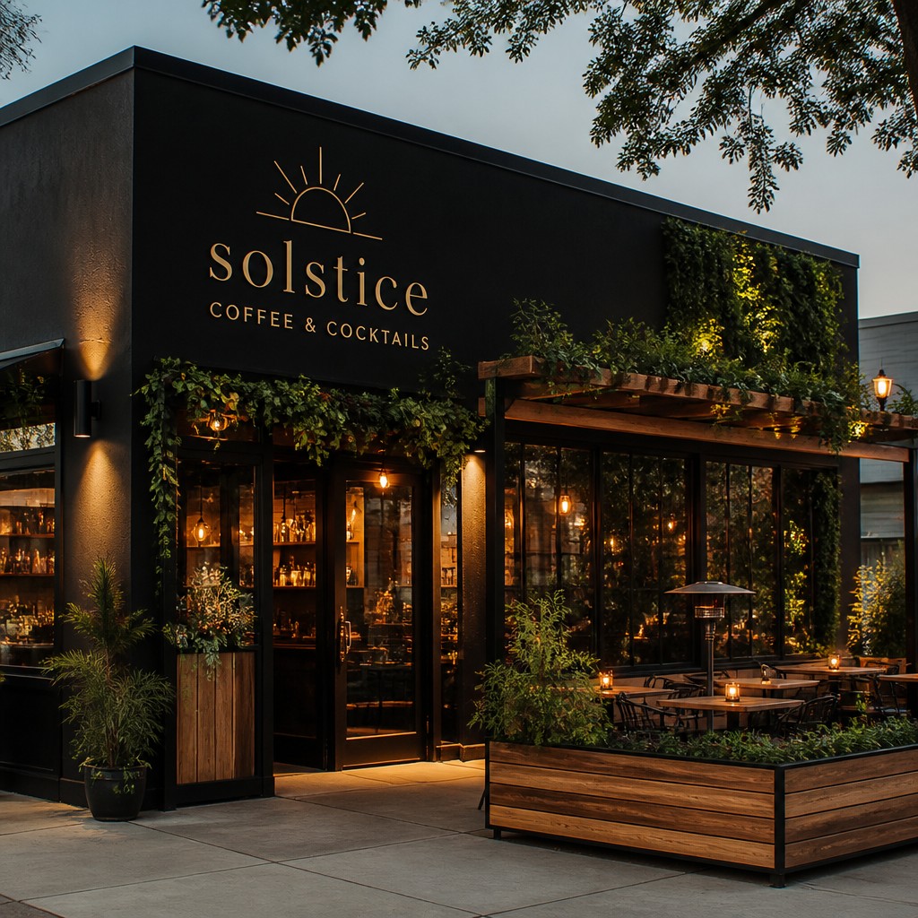 I want a mockup of a building exterior for my coffee shop, solstice coffee and cocktails, it should be a black building with wood elements, warm lighting, large windows and lots of greenery with a cozy patio