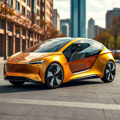 mockup design, Design a sleek, futuristic car mockup showcasing a vibrant electric vehicle with aerodynamics in mind. Include a glossy metallic finish, LED headlights, and a spacious interior with high-tech dashboard elements. The car should be positioned on a scenic urban backdrop, highlighting its eco-friendly features and innovative design.