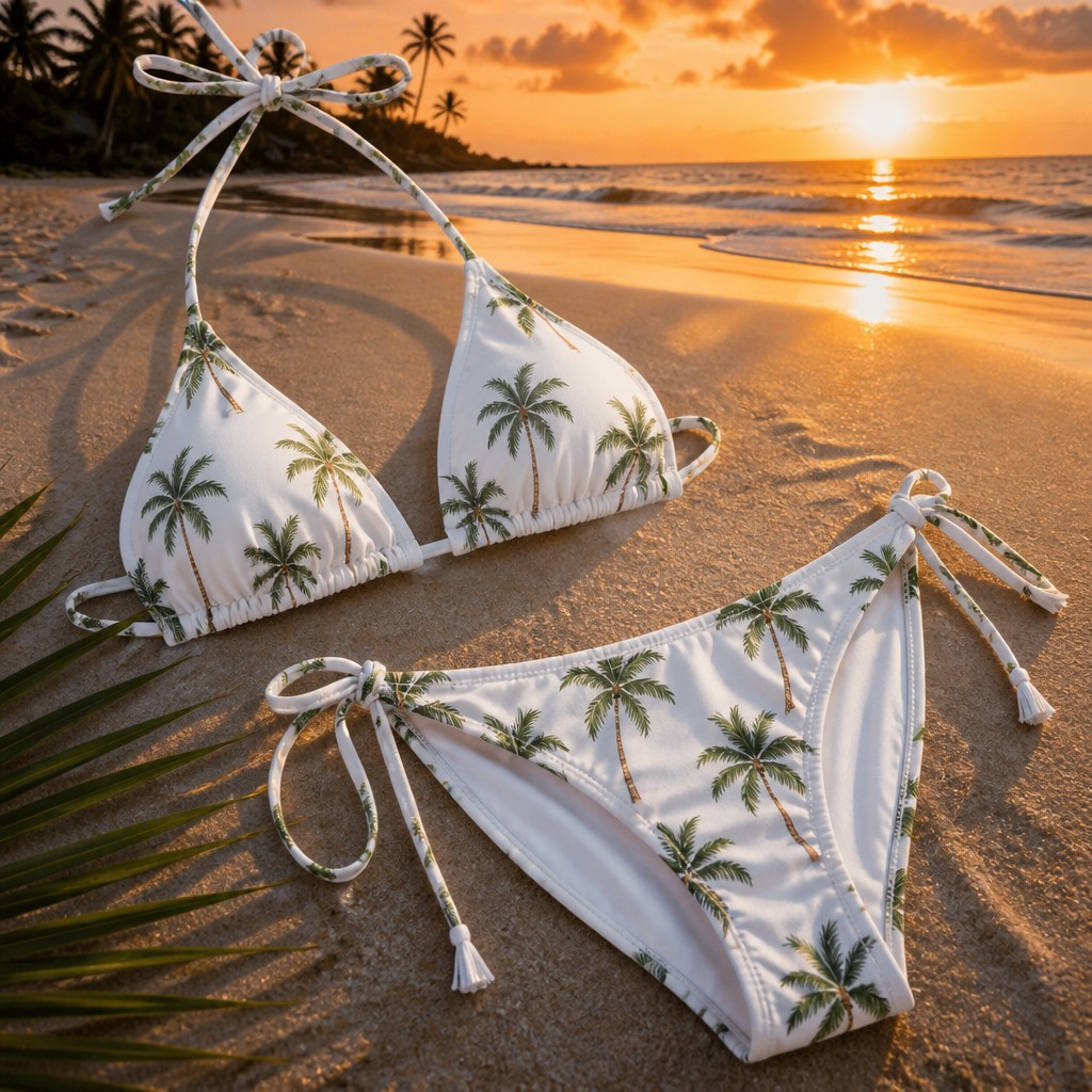 Create a realistic product mockup based on these instructions:
Design a vibrant mockup featuring a chic white bikini adorned with a playful palm tree print. Set the scene against a stunning beach backdrop at sunset, where the warm, golden hues of the sky reflect on crystal-clear water. Include gentle waves and silhouettes of distant palm trees for a tropical vibe.
Create a professional, photorealistic mockup scene. If the instructions mention a design,
artwork, logo, print or graphic, invent an original, fitting design and integrate it onto the
product realistically with proper perspective, lighting and material texture. Only show a clean,
undecorated product if the instructions explicitly ask for a blank or plain product.