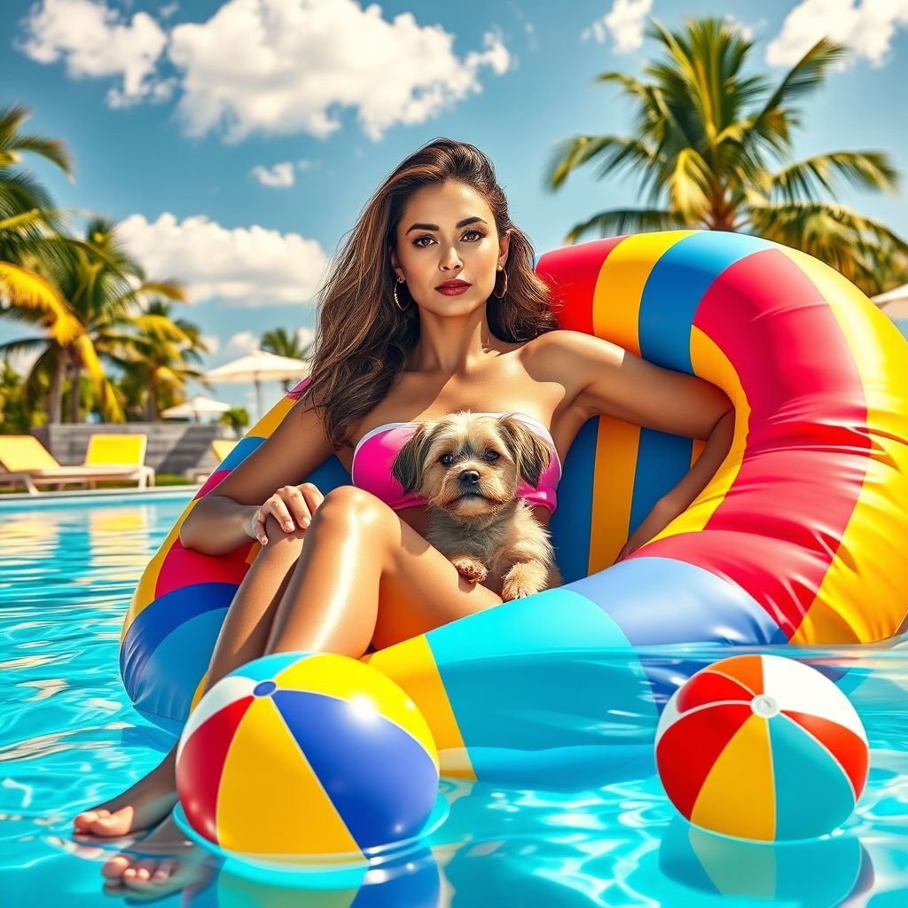 mockup design, Create a vibrant mockup featuring a confident woman sunbathing on a colorful float in a luxurious swimming pool. She maintains a serious expression, cradling a small dog in her lap. A playful beach ball floats nearby, while palm trees and bright blue skies set a relaxing summer scene. Emphasize the details!