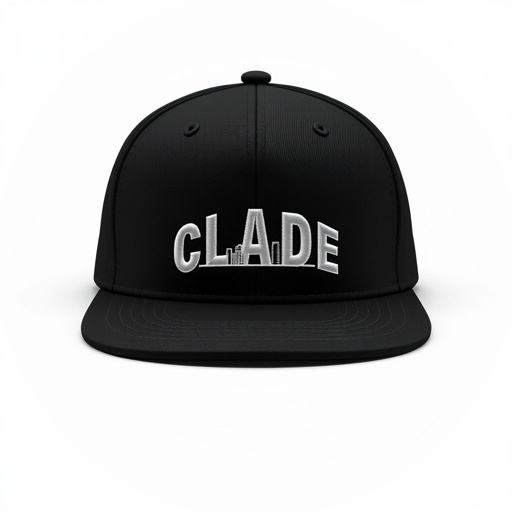 mockup design, Design a stylish black hat featuring the CLADE brand name prominently arched across the front, with a modern skyline embroidered in a semi-circle beneath the text. The embroidery should use a contrasting thread color for high visibility. The hat should have a sleek, contemporary silhouette, appealing to urban fashion enthusiasts.