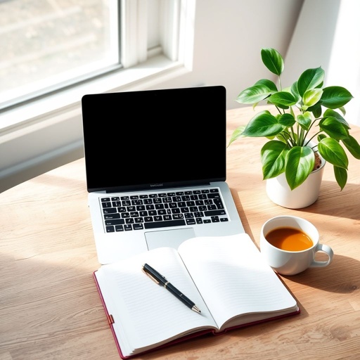 mockup design, Create a sleek mockup design of a MacBook placed on a minimalist wooden desk. The scene should include a vibrant plant beside it, an open notebook with a stylish pen, and a warm cup of coffee, all under soft natural light to evoke a cozy and productive workspace atmosphere.