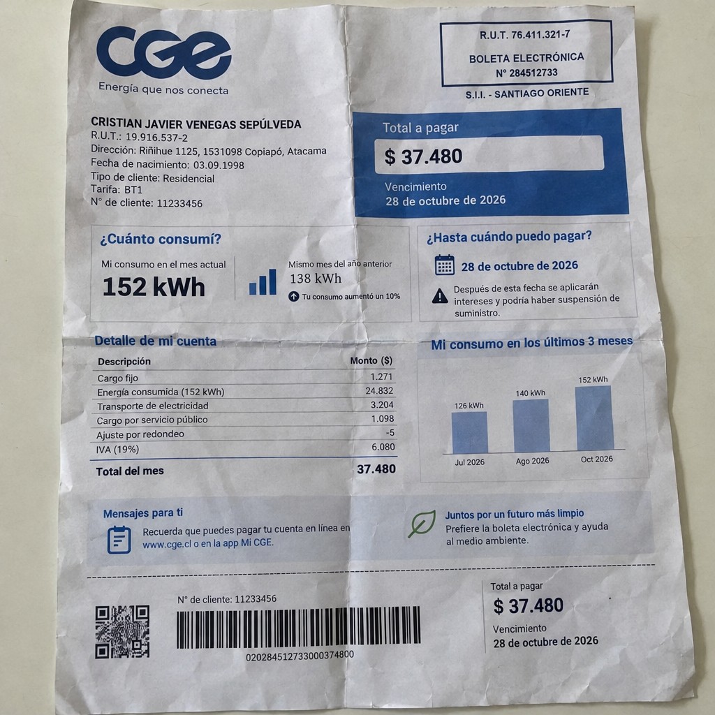 Create a statement, an electricity bill in CHILE. The A4 statement should be realistic, as if it were photographed on a phone. The document should be on a white background. The document must be for the last 3 months of October 2026. The document should contain several transactions and be wrinkled at the edges.
Name CRISTIAN JAVIER VENEGAS SEPÚLVEDA
Address Riñihue 1125, 1531098 Copiapó, Atacama
R.U.T. 19916537-2
Date of birth 03.09.1998