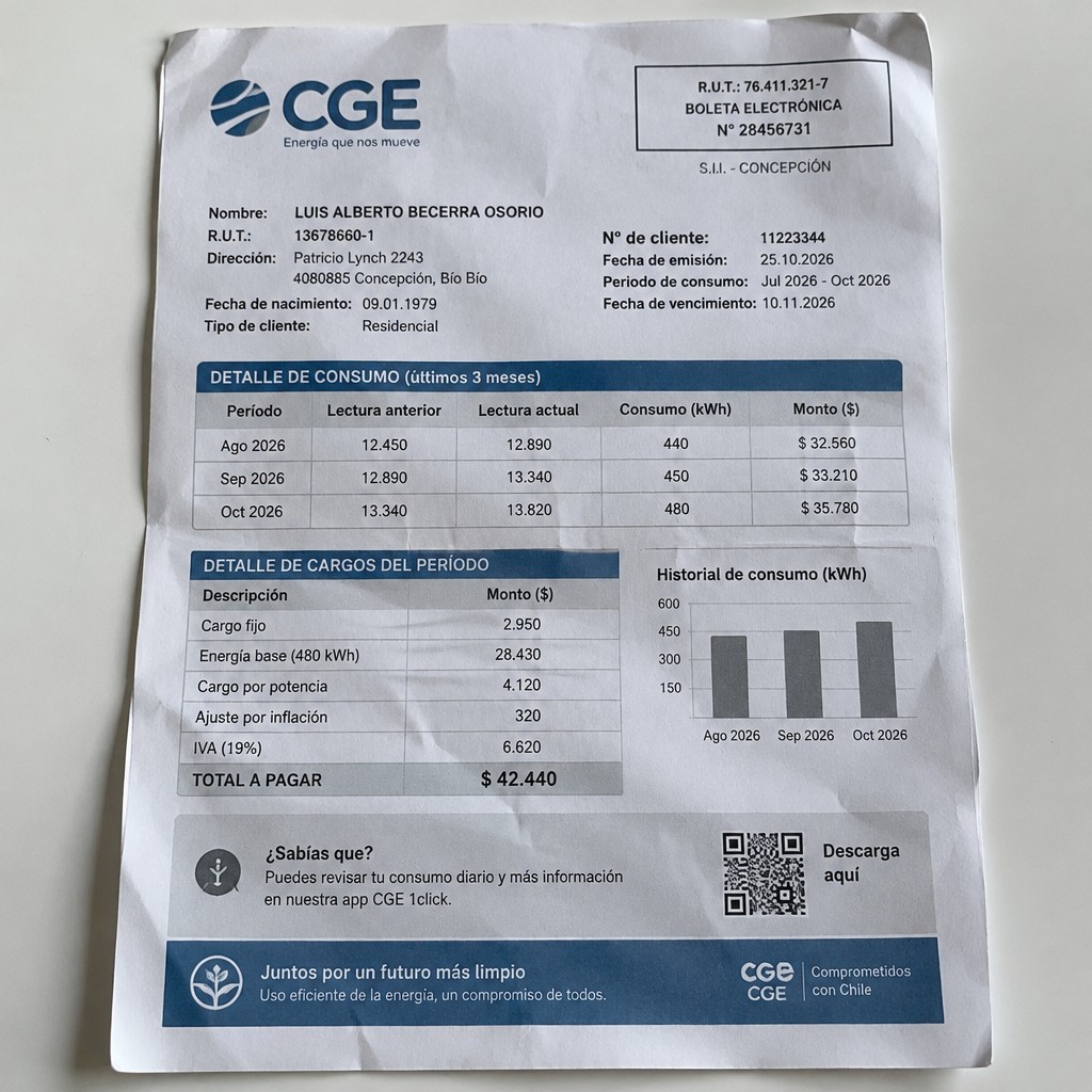 Create a statement, an electricity bill in CHILE. The A4 statement should be realistic, as if it were photographed on a phone. The document should be on a white background. The document must be for the last 3 months of October 2026. The document should contain several transactions and be wrinkled at the edges.
Name LUIS ALBERTO BECERRA OSORIO
Address Patricio Lynch 2243, 4080885 Concepción, Bío Bío
R.U.T. 13678660-1
Date of birth 09.01.1979
Date of discharge 25.10.2026 (OCTOBER 2026)