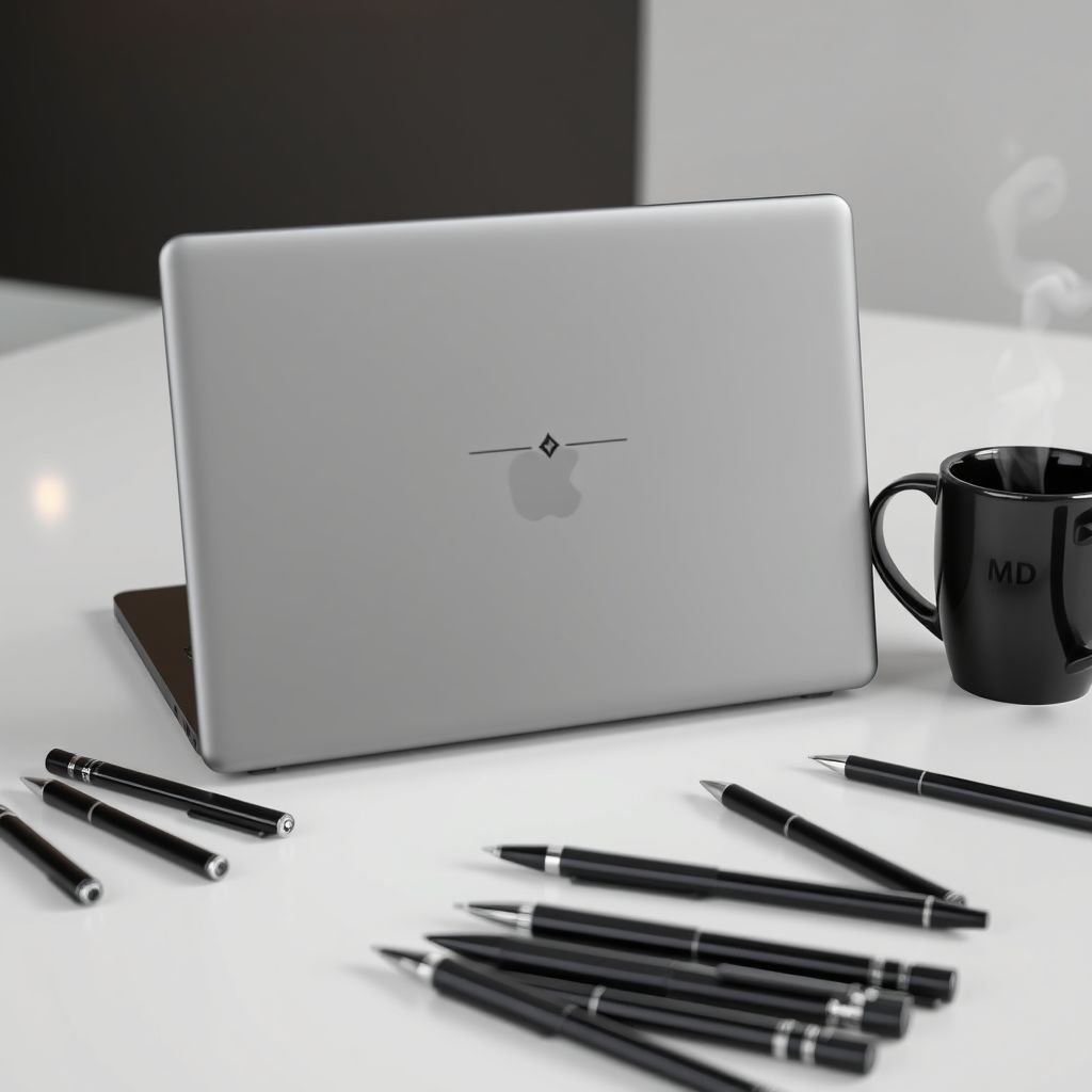 mockup design, Create a mockup design featuring a sleek gray laptop with its back facing the viewer, showcasing the logo. Scattered around are several black pens, varying in sizes and styles, on a clean, modern countertop. In the right corner, a glossy black coffee mug emits a gentle steam, adding warmth to the scene.