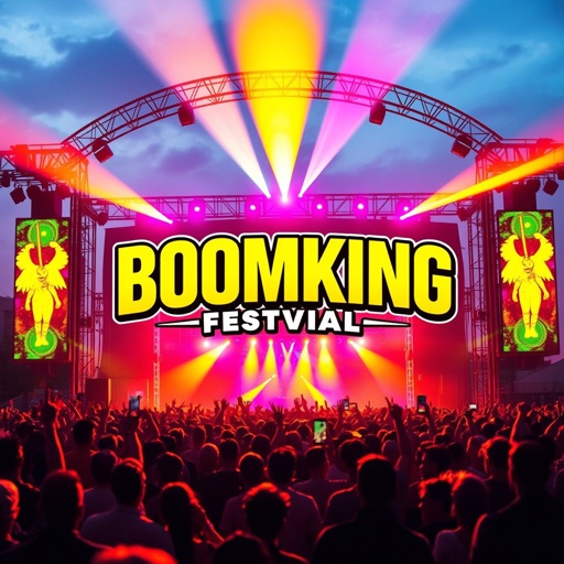 mockup design, Create a vibrant, urban mockup design for "BOOMKING," a booming music festival brand. Showcase a dynamic festival scene with lively crowds, colorful stage lights, and energetic performances. Incorporate bold typography for the festival name and use bright colors to evoke excitement, capturing the essence of music and celebration in every detail.