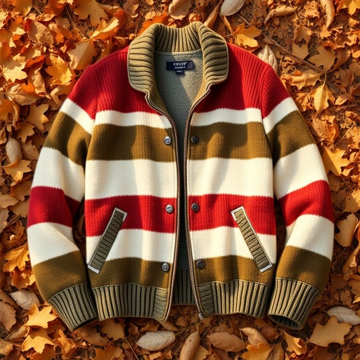 Fashion mockup featuring a cozy wool jacket, soft texture accentuating the warmth of autumn. Striped pattern in earthy tones of rust, olive, and cream. Laid against a backdrop of fallen leaves and muted sunlight, conveying a casual yet stylish vibe. Emphasis on comfort and effortless elegance for autumn outings.