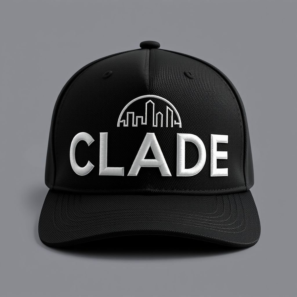 mockup design, Create a mockup design of a sleek black hat featuring the CLADE brand name elegantly embroidered in bold white lettering across the front. Behind the brand name, incorporate a subtle skyline circle design to represent modern urban culture. Ensure the hat's fabric texture is visible, enhancing its stylish appeal.