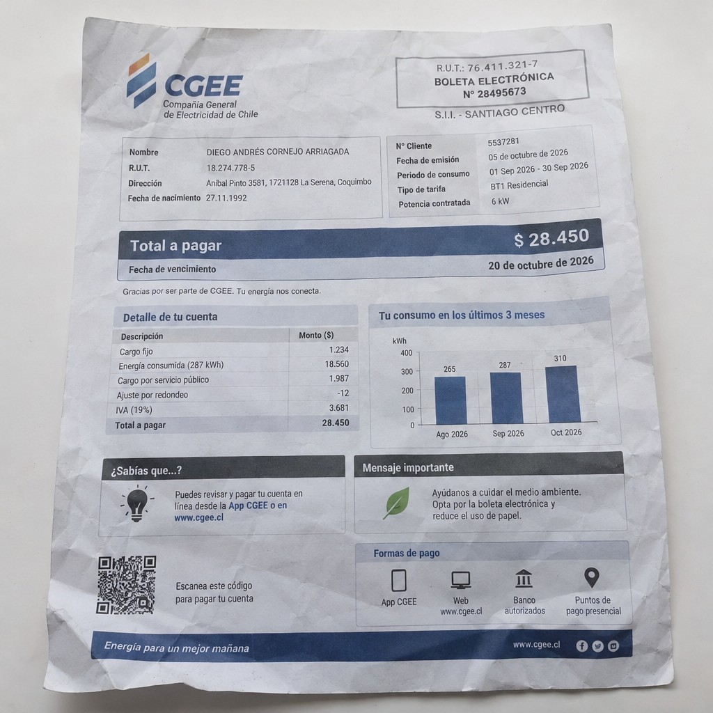 Create a statement, an electricity bill in CHILE. The A4 statement should be realistic, as if it were photographed on a phone. The document should be on a white background. The document must be for the last 3 months of October 2026. The document should contain several transactions and be wrinkled at the edges.
Name DIEGO ANDRÉS CORNEJO ARRIAGADA
Address Aníbal Pinto 3581, 1721128 La Serena, Coquimbo
R.U.T. 18274778-5
Date of birth 27.11.1992