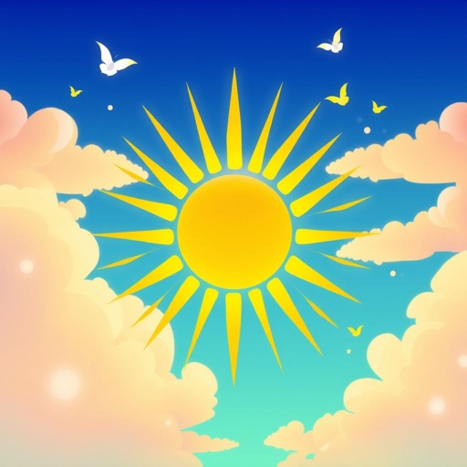 mockup design, Design a vibrant mockup featuring a stylized sun, radiating warm, golden rays. Surround it with a playful gradient sky transitioning from deep blue to soft pastel clouds. Incorporate whimsical elements like birds and fluttering butterflies. The sun should be the focal point, embodying warmth and joy in a lively summer scene.