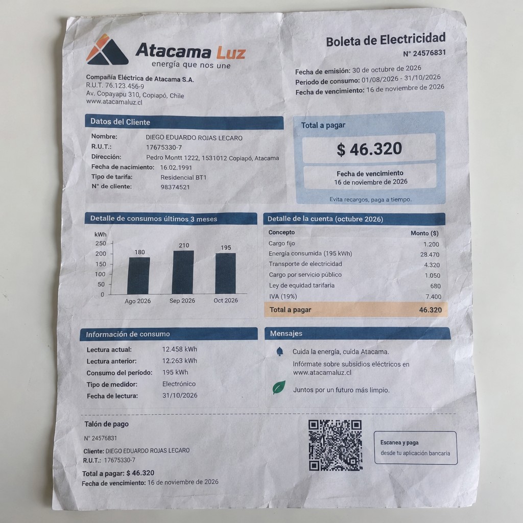 Create a statement, an electricity bill in CHILE. The A4 statement should be realistic, as if it were photographed on a phone. The document should be on a white background. The document must be for the last 3 months of October 2026. The document should contain several transactions and be wrinkled at the edges.
Name DIEGO EDUARDO ROJAS LECARO
Address Pedro Montt 1222, 1531012 Copiapó, Atacama
R.U.T. 17675330-7
Date of birth 16.02.1991