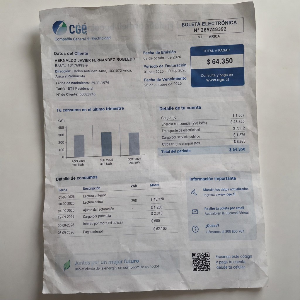 Create a statement, an electricity bill in CHILE. The A4 statement should be realistic, as if it were photographed on a phone. The document should be on a white background. The document must be for the last 3 months of October 2026. The document should contain several transactions and be wrinkled at the edges.
Name HERNALDO JAVIER FERNÁNDEZ ROBLEDO
Address Carlos Antúnez 3483, 1031072 Arica, Arica y Parinacota
R.U.T. 13176998-9
Date of birth 29.11.1976
