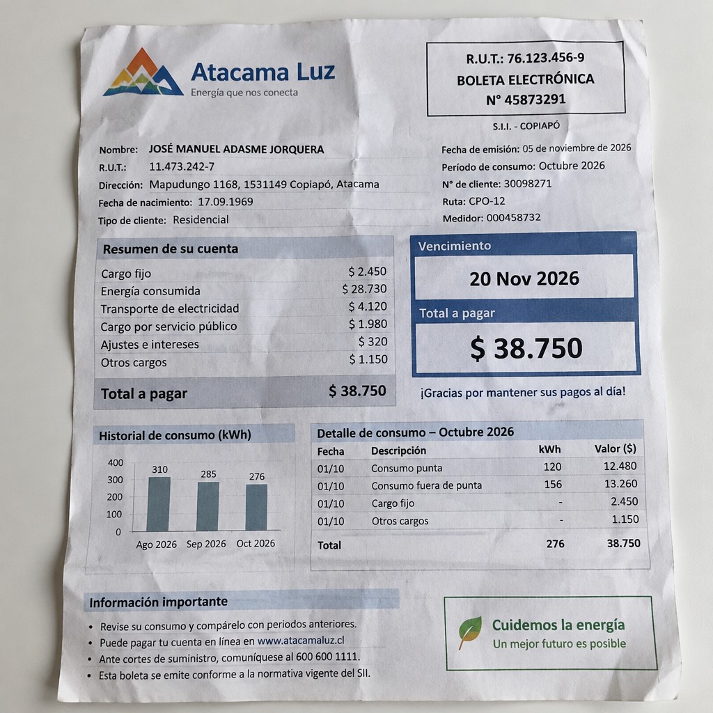 Create a statement, an electricity bill in CHILE. The A4 statement should be realistic, as if it were photographed on a phone. The document should be on a white background. The document must be for the last 3 months of October 2026. The document should contain several transactions and be wrinkled at the edges.
Name JOSÉ MANUEL ADASME JORQUERA
Address Mapudungo 1168, 1531149 Copiapó, Atacama
R.U.T. 11473242-7
Date of birth 17.09.1969