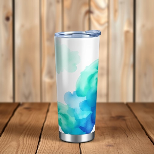 mockup design, Create a mockup design of a sleek 20-ounce stainless steel tumbler featuring a modern ergonomic shape. Showcase a vibrant, watercolor-inspired wrap-around design in shades of blue and green. Include a clear lid with a sliding opening, placed on a rustic wooden table backdrop, emphasizing its durability and stylish appeal.