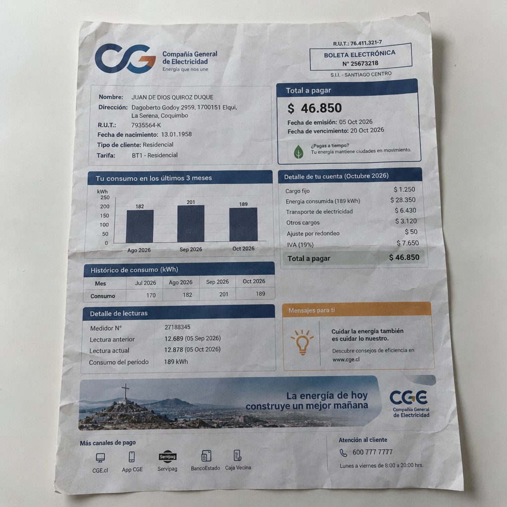 Create a statement, an electricity bill in CHILE. The A4 statement should be realistic, as if it were photographed on a phone. The document should be on a white background. The document must be for the last 3 months of October 2026. The document should contain several transactions and be wrinkled at the edges.
Name JUAN DE DIOS QUIROZ DUQUE
Address Dagoberto Godoy 2959, 1700151 Elqui, La Serena, Coquimbo
R.U.T. 7935564-K
Date of birth 13.01.1958