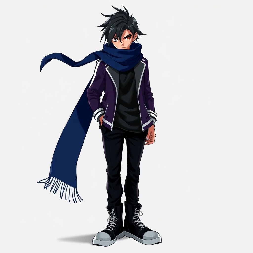 mockup design, Design a striking mockup of Edgar, the slim, young Brawler, with a rebellious vibe. Showcase his long, dark blue scarf flowing dramatically, emphasizing its dual purpose as both accessory and weapon. Capture his enigmatic expression with black hair partially obscuring one eye. Dress him in a short, dark purple jacket with white stripes, a black T-shirt, and matching dark pants. Complete the look with black boots featuring white soles. Position him staring directly at the camera, exuding a cool, aloof attitude that embodies the essence of teen emo and punk styles.