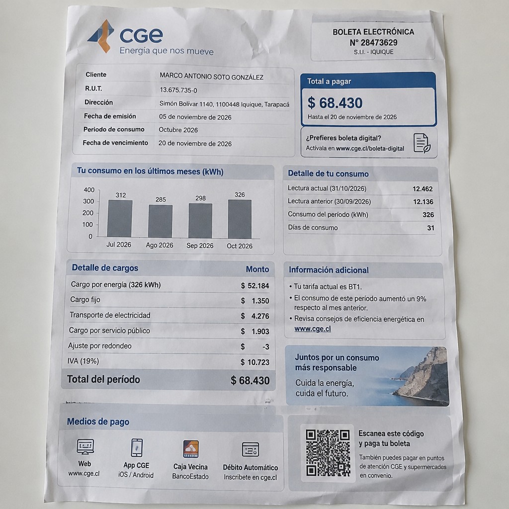 Create a statement, an electricity bill in CHILE. The A4 statement should be realistic, as if it were photographed on a phone. The document should be on a white background. The document must be for the last 3 months of October 2026. The document should contain several transactions and be wrinkled at the edges.
Name MARCO ANTONIO SOTO GONZÁLEZ
Address Simón Bolívar 1140, 1100448 Iquique, Tarapacá
R.U.T. 13675735-0
Date of birth 21.05.1979