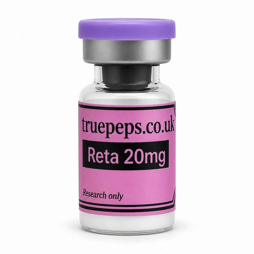 Recreate the exact glass pharmaceutical vial shown in the reference image, with no design changes whatsoever — same lilac flip-off cap, same silver crimp collar, same clear glass vial, same pink label with black double-line border. Label text must match exactly: "truepeps.co.uk" at the top, a black bar containing "Reta 20mg" in pink text, and "Research only" in small italic text at the bottom. Do not alter colors, wording, logo, or label layout in any way other than do not include the text that says 1ml bac: 10iu = 1mg
Reframe only: center the vial upright in the middle of the frame, straight-on eye-level angle, full label facing camera and fully legible with no text cut off. Place on a seamless pure white studio background. Soft, even diffused studio lighting with no harsh glare on the glass or cap. Subtle soft realistic shadow directly beneath the vial. Sharp focus throughout, especially the label text. Professional e-commerce product photography style, high detail, 4K.