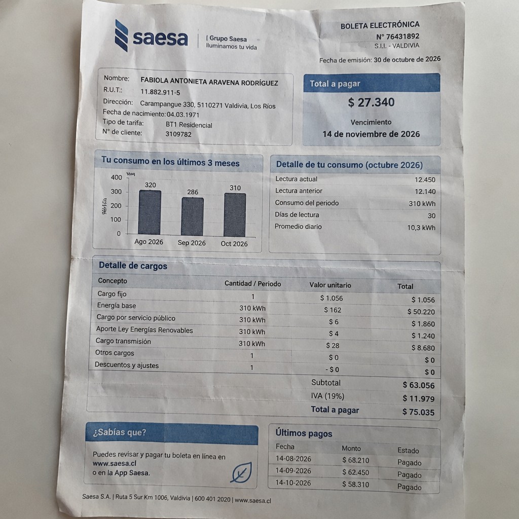Create a statement, an electricity bill in CHILE. The A4 statement should be realistic, as if it were photographed on a phone. The document should be on a white background. The document must be for the last 3 months of October 2026. The document should contain several transactions and be wrinkled at the edges.
Name FABIOLA ANTONIETA ARAVĘNA RODRÍGUEZ
Address Carampangue 330, 5110271 Valdivia, Los Ríos
R.U.T. 11882911-5
Date of birth 04.03.1971
Date of discharge 30.10.2026 (OCTOBER 2026)