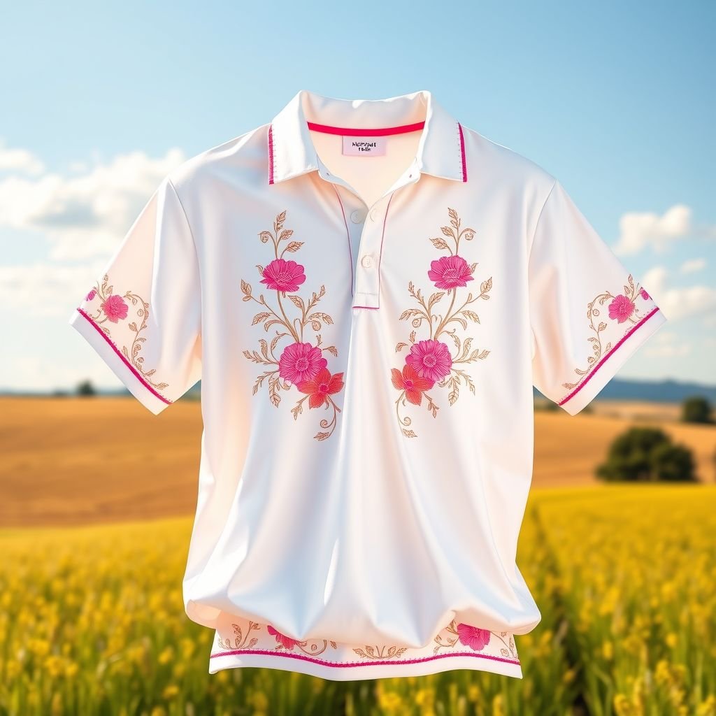 A vibrant mockup showcasing a summer-themed polo shirt. Polyester fabric glistening under sunlight, displaying intricate embroidery designs. Short sleeves inviting a breeze, with a flattering V-neckline. Loose fit drapes elegantly, complemented by playful floral patterns. Soft pastel colors blend harmoniously. A backdrop of sunny fields creates an idyllic seasonal atmosphere.
