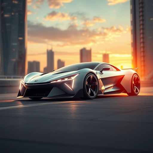 mockup design, Design a sleek, futuristic hypercar that embodies cutting-edge technology and aerodynamics. Incorporate sharp lines and carbon fiber accents for a lightweight yet powerful appearance. The car should feature glowing LED elements, an aggressive front grille, and innovative wheel designs. Place it against a backdrop of a high-tech urban landscape at sunset.