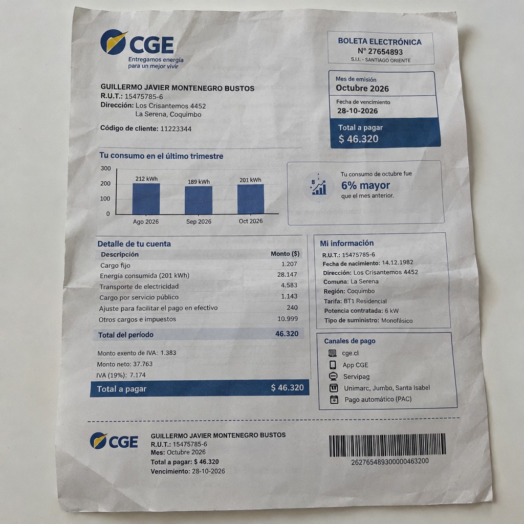 Create a statement, an electricity bill in CHILE. The A4 statement should be realistic, as if it were photographed on a phone. The document should be on a white background. The document must be for the last 3 months of October 2026. The document should contain several transactions and be wrinkled at the edges.
Name GUILLERMO JAVIER MONTENEGRO BUSTOS
Address Los Crisantemos 4452, 1710839 La Serena, Coquimbo
R.U.T. 15475785-6
Date of birth 14.12.1982