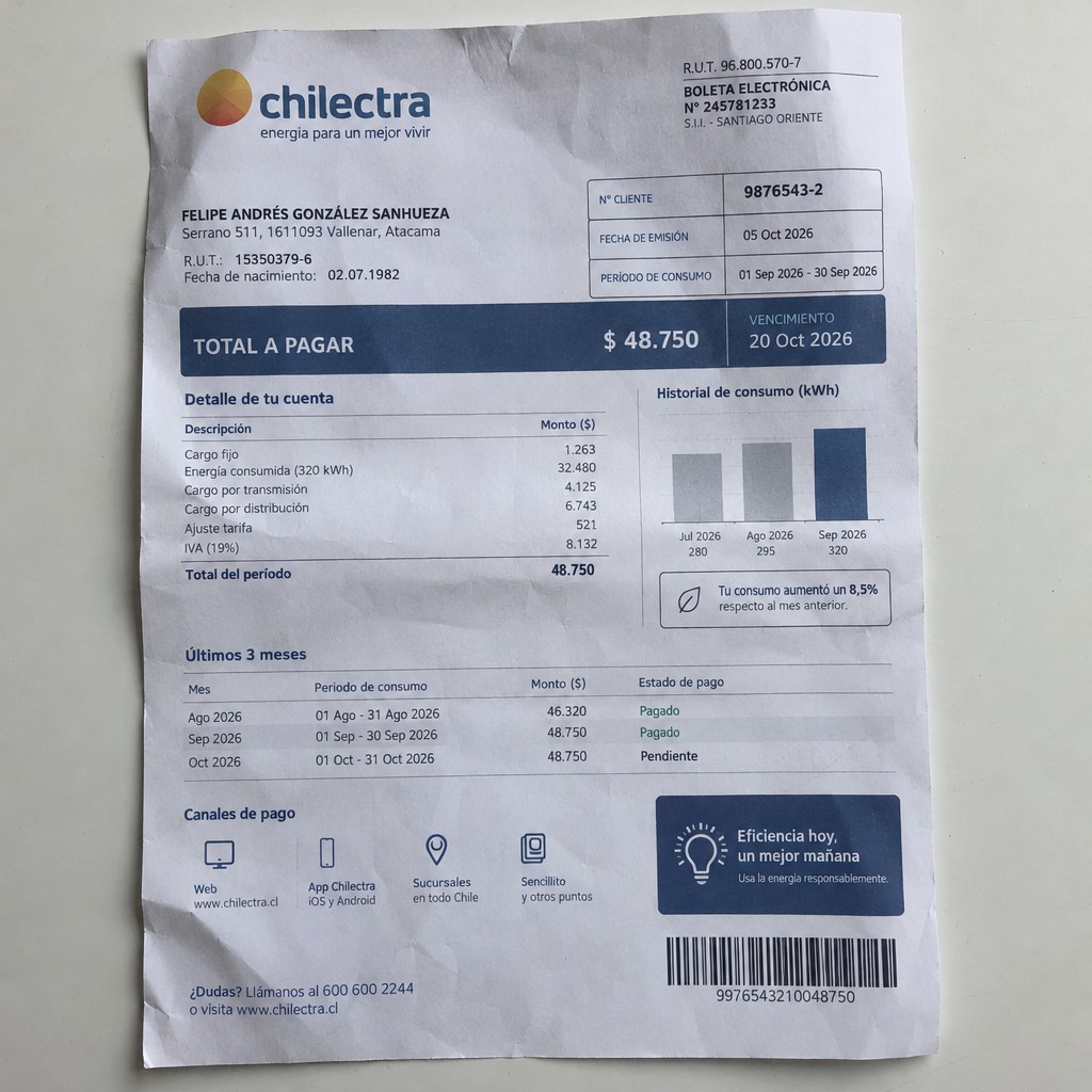 Create a statement, an electricity bill in CHILE. The A4 statement should be realistic, as if it were photographed on a phone. The document should be on a white background. The document must be for the last 3 months of October 2026. The document should contain several transactions and be wrinkled at the edges.
Name FELIPE ANDRÉS GONZÁLEZ SANHUEZA
Address Serrano 511, 1611093 Vallenar, Atacama
R.U.T. 15350379-6
Date of birth 02.07.1982