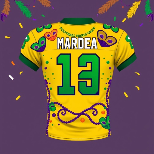 mockup design, Design a vibrant Football Mardi Gras jersey, featuring bold colors and festive patterns. The front showcases Mardi Gras motifs like masks and beads, while the back displays a player’s name and number in a playful font. Include decorative elements like feathers and confetti, capturing the lively spirit of both football and Mardi Gras.