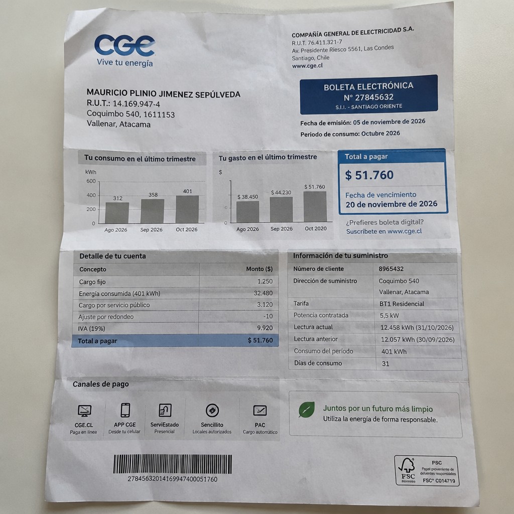 Create a statement, an electricity bill in CHILE. The A4 statement should be realistic, as if it were photographed on a phone. The document should be on a white background. The document must be for the last 3 months of October 2026. The document should contain several transactions and be wrinkled at the edges.
Name MAURICIO PLINIO JIMENEZ SEPÚLVEDA
Address Coquimbo 540, 1611153 Vallenar, Atacama
R.U.T. 14169947-4
Date of birth 16.05.1979